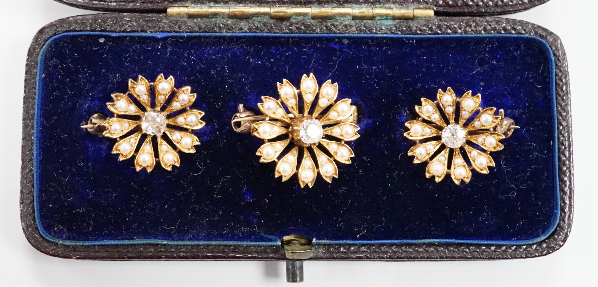 A cased graduated set of three Edwardian yellow metal, seed pearl and diamond set flower head brooches, largest diameter 18mm, gross weight 10.9 grams.